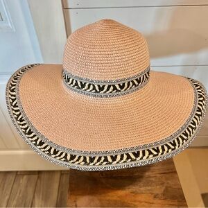Blush Pink Natural Handmade Wide-Brim Straw Sun Hat with Aztec Print Accents